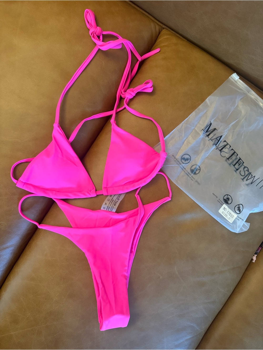 Neon Pink Triangle Tie Bikini Set -